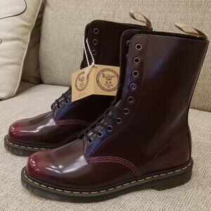 Dr. Martens Vegan 1490 high boots in a Cherry Red Oxford Rub Off synthetic mater
